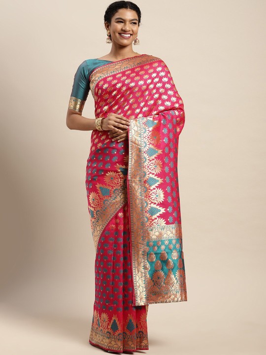 Shaily Magenta Ethnic Motifs Woven Design Zari Saree