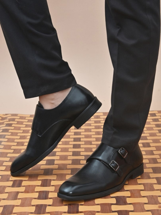 San Frissco Men Black Leather Slip On Double Monk Formal Loafers