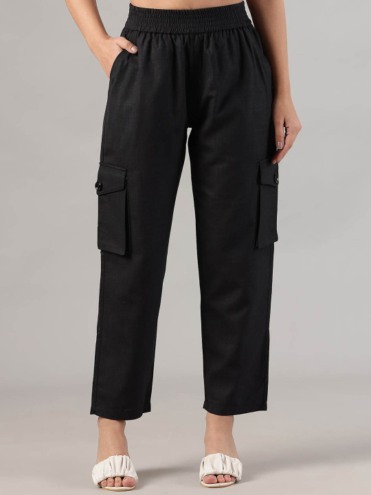FITHUB Women Straight Fit High-Rise Cotton Cargo Trouser