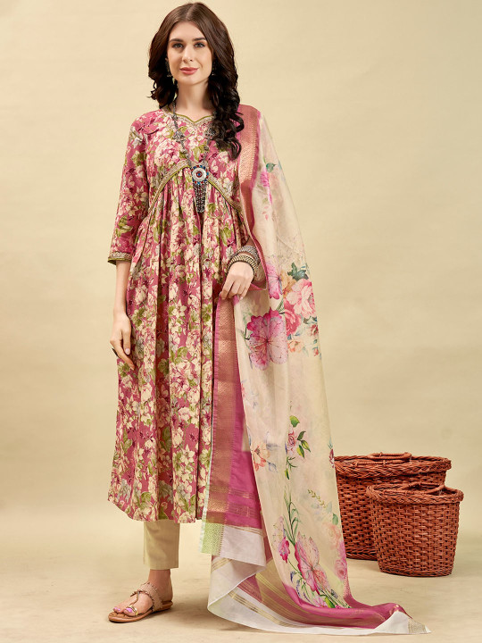Anouk Floral Printed Sweetheart Neck Calf Length Empire Kurta with Trouser & Dupatta
