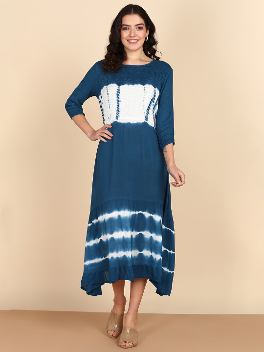 Maaesa Tie and Dyed A-Line Midi Dress