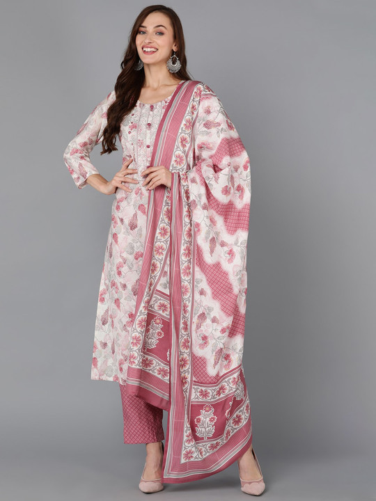 KALINI Floral Printed Regular Thread Work Straight Kurta with Trousers & Dupatta