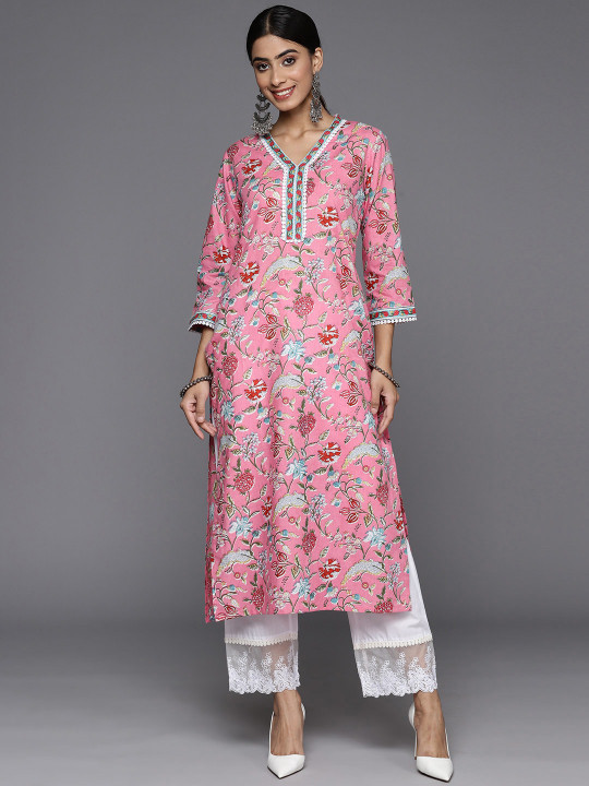 KALINI Ethnic Motifs Printed V-Neck Straight Cotton Kurta