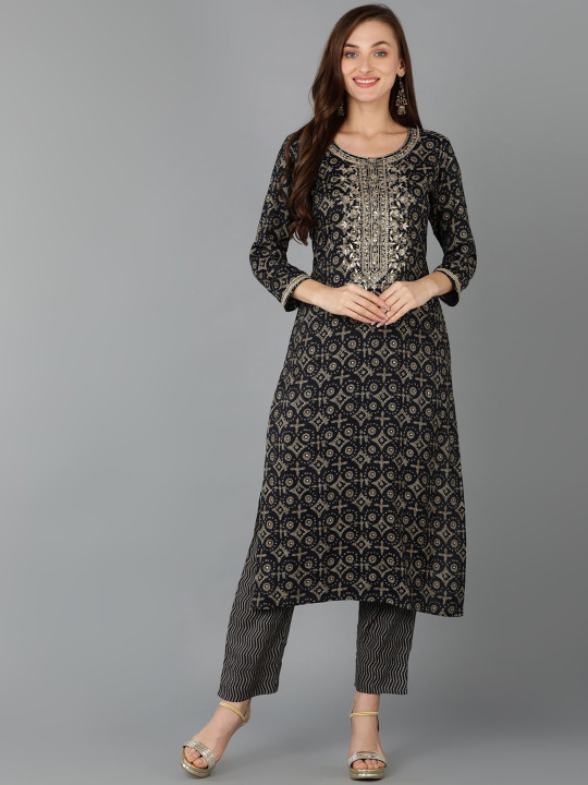 KALINI Ethnic Motifs Printed Sequinned Straight Kurta