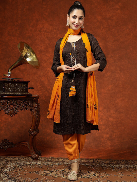 KALINI Ethnic Motifs Embroidered Mirror Work Chanderi Silk Kurta with Trousers & Dupatta