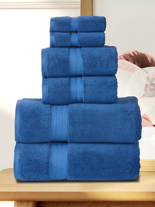 SENSES Navy Solid Cotton 703 GSM 6Pcs Premium ExtraSoft Absorbent Hotel Quality Towel Set