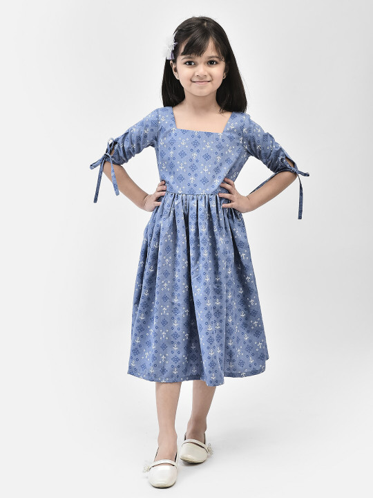Eavan Girls Ethnic Motifs Printed Square Neck Gathered Cotton Fit & Flare Midi Dress