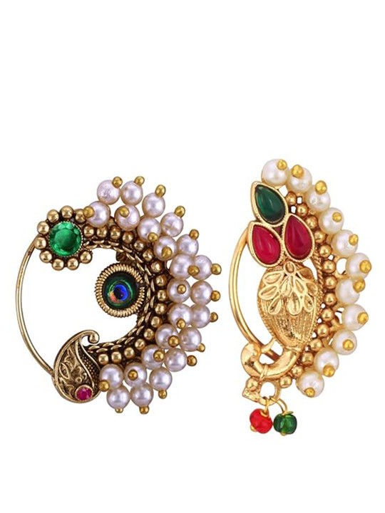 Vighnaharta Gold-Plated Pearls Stud Nosepin