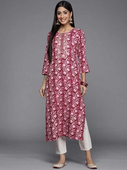KALINI Ethnic Motifs Printed Thread Work Straight Kurta