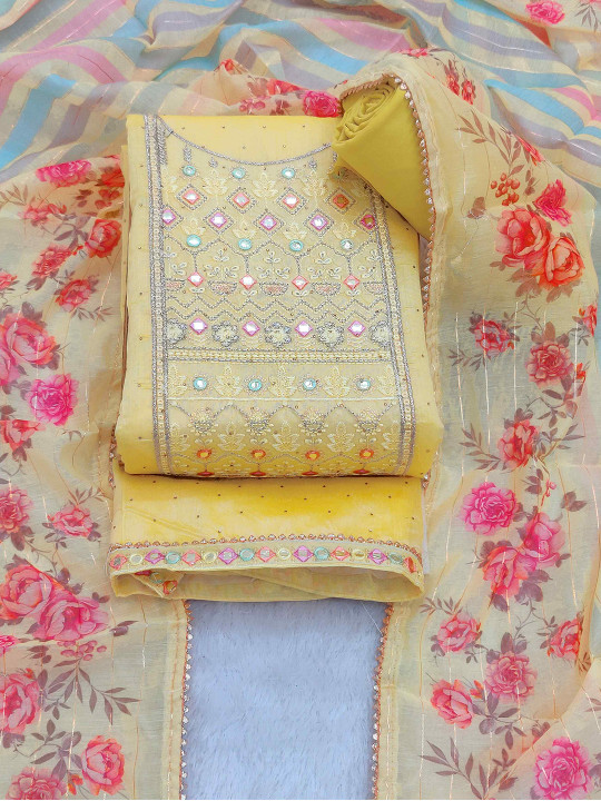TAVAS Floral Embroidered Mirror Work Unstitched Dress Material