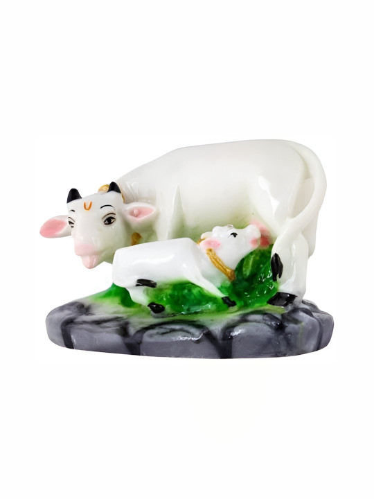 Navyaksh Cow Bachda White Metal Metallic Living Room Small Showpiece -