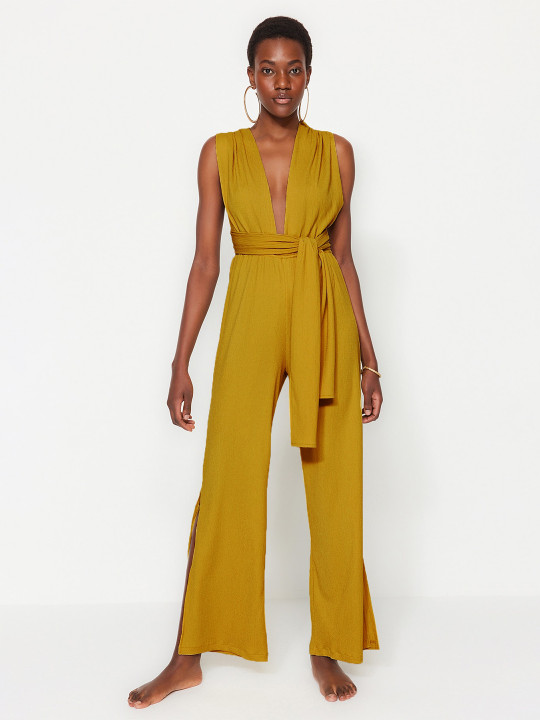 Trendyol V-Neck Sleeveless Waist Tie-Ups Basic Jumpsuit