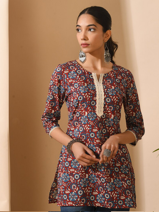 MEESAN Floral Printed Pure Cotton Round Neck Kurti