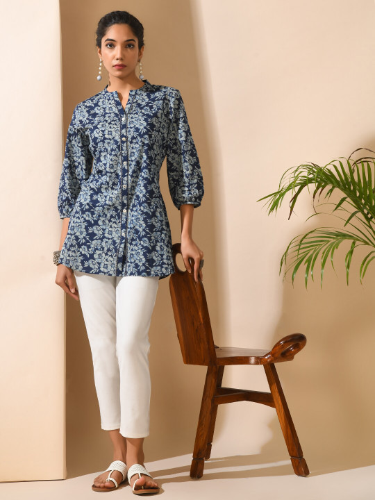 MEESAN Floral Printed Cotton Mandarin Collar Kurti