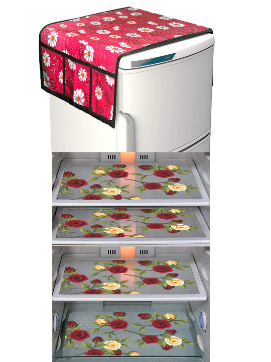 Dakshya Industries Beige & Red 5 Pieces Printed Fridge Covers & Mat