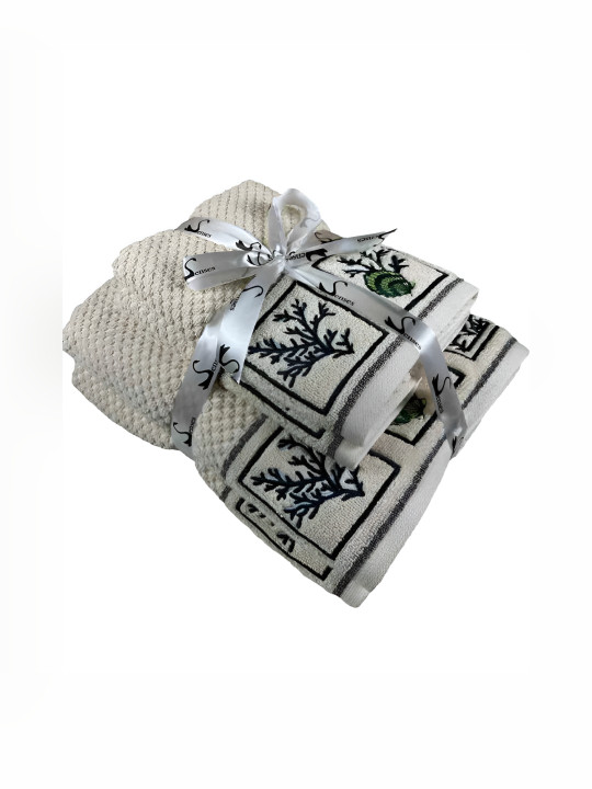 SENSES Ivory & Black 4 Pieces Embroidery Cotton 550 GSM Towel Set