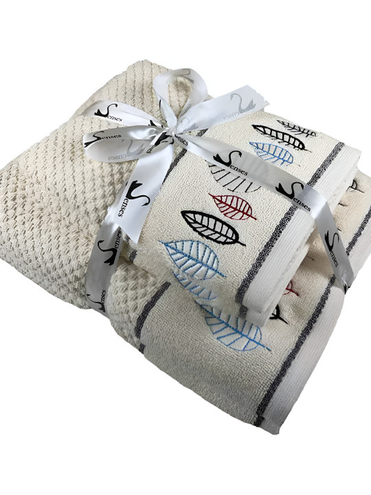 SENSES Ivory & Black 4 Pieces Embroidery Cotton 550 GSM Towel Set