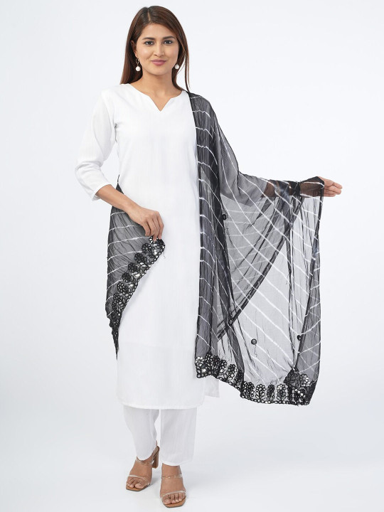 HELLA FASHIONS Leheriya Printed Mirror Work Chiffon Dupatta