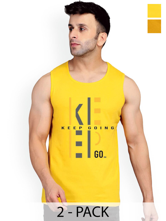 SLOWLORIS Pack Of 2 Typography Printed Pure Cotton Bio-Wash Gym Vests
