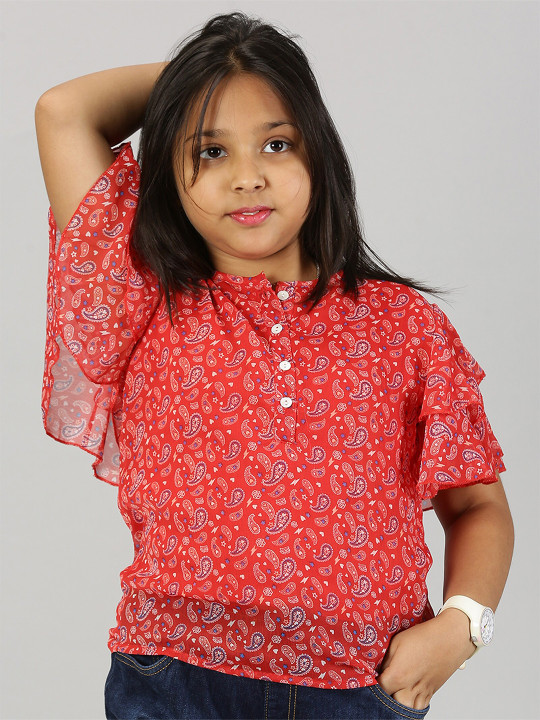 KiddoPanti Floral Print Band Collar Flared Sleeve Blouson Top