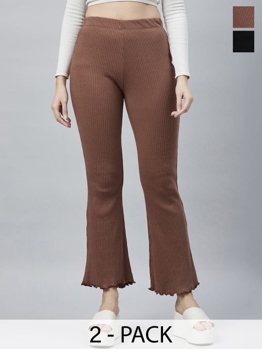 Blinkin Women Pack Of 2 Smart Flared High-Rise Plain Bootcut Trousers