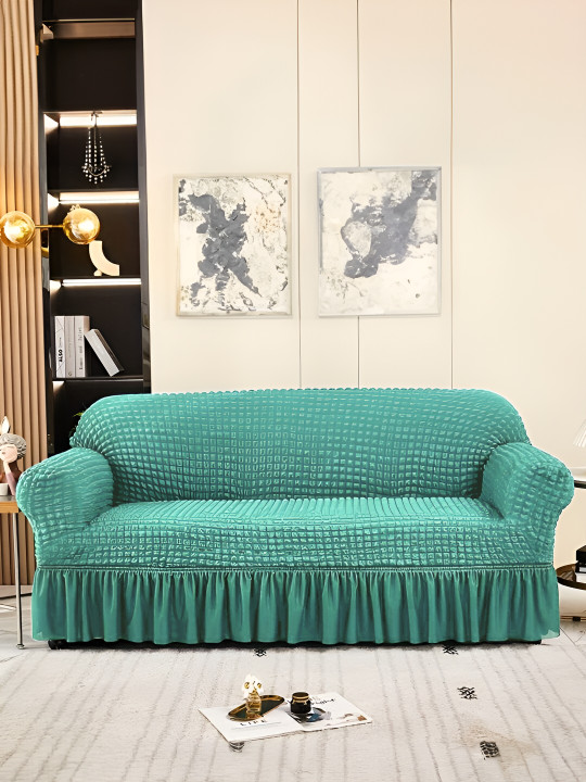 Non-Slip & Stretchable Checkered Polyester Straight 3 Seater Sofa Cover-33x71x33In