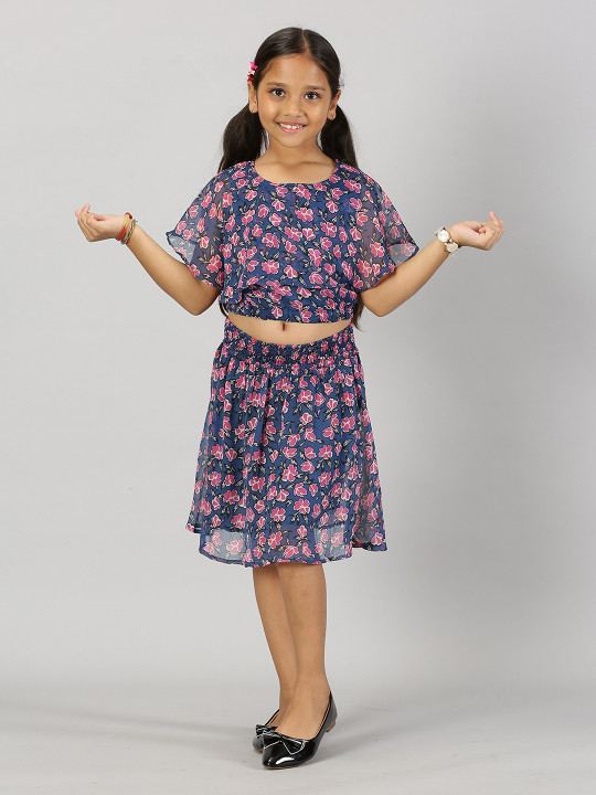 KiddoPanti Girls Printed Top with Skirt
