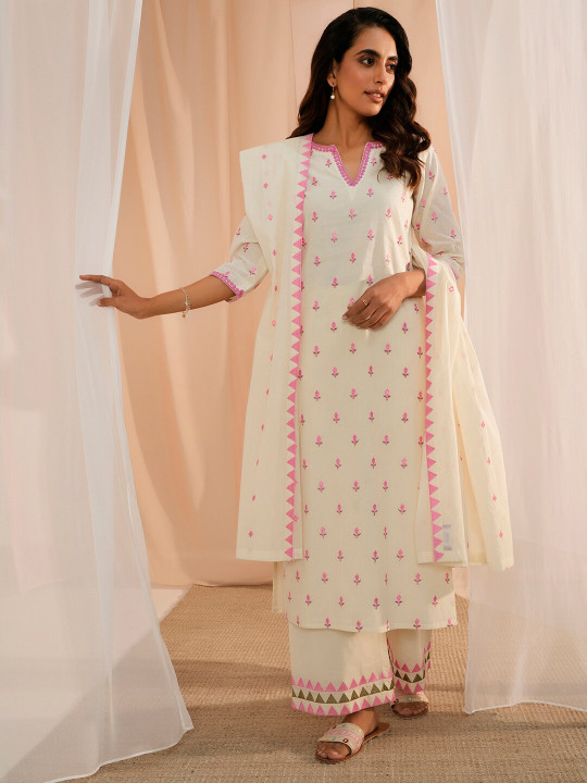 Libas Floral Embroidered Thread Work Pure Cotton Kurta With Palazzos & Dupatta