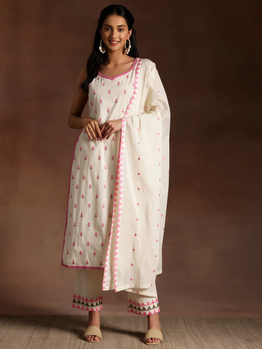 Ethnic Motifs Embroidered Thread Work Pure Cotton Kurta With Palazzos & Dupatta