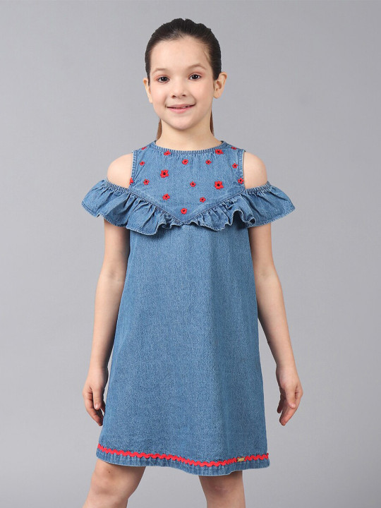 One Friday Girls Floral Embroidered Denim Cold-Shoulder A-Line Dress