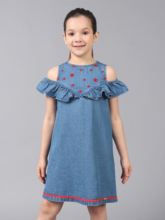 One Friday Girls Floral Embroidered Denim Cold-Shoulder A-Line Dress