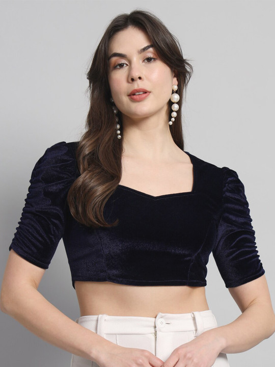 VAARARO Puff Sleeves Velvet Fitted Crop Top