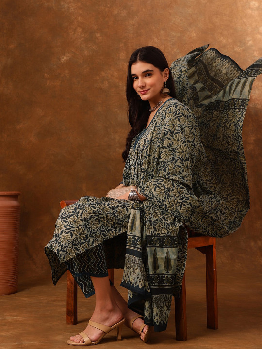 Anouk Floral Printed Pure Cotton Kurta with Trousers With Dupatta