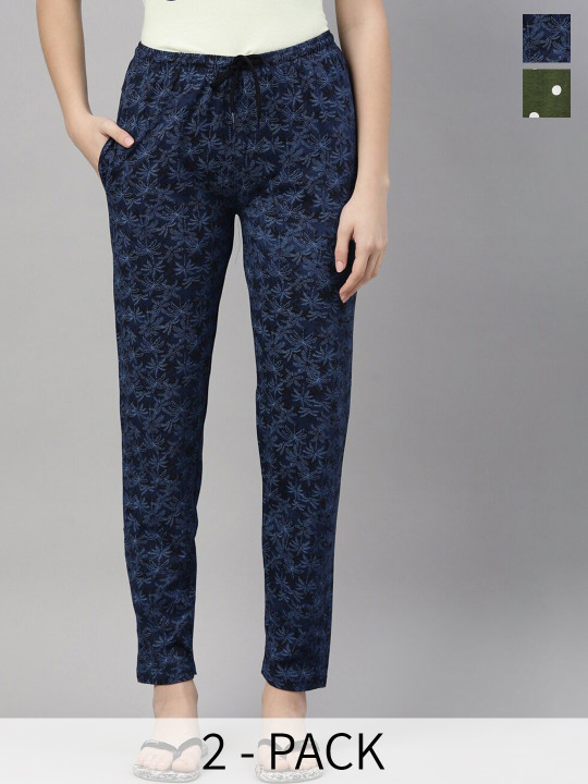 Kryptic Women Pack Of 2 Printed Pure Cotton Straight-Leg Lounge Pants