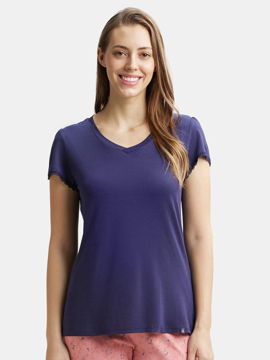 Jockey Micro Modal Cotton Relaxed Fit Solid V Neck Half Sleeve Tshirt-RX12