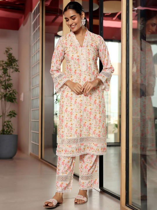 Libas Beige Floral Printed Lace Details Straight Kurta With Palazzos