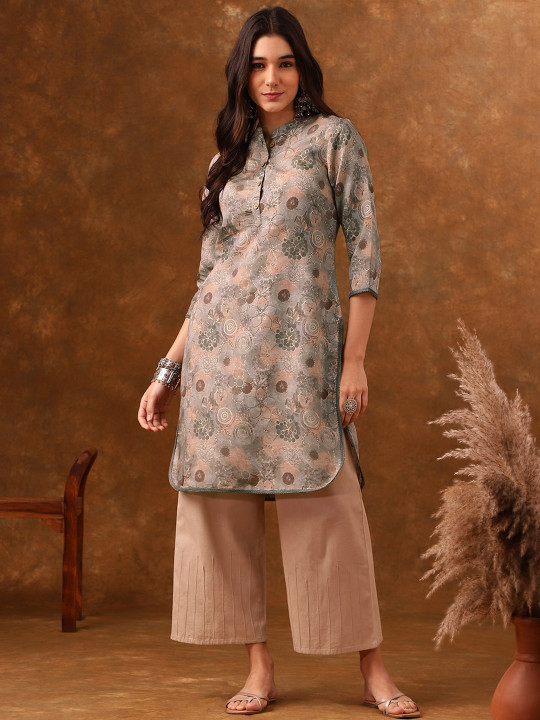 Anouk X fwd Ethnic Motifs Printed Mandarin Collar Chanderi Silk A-Line Kurta