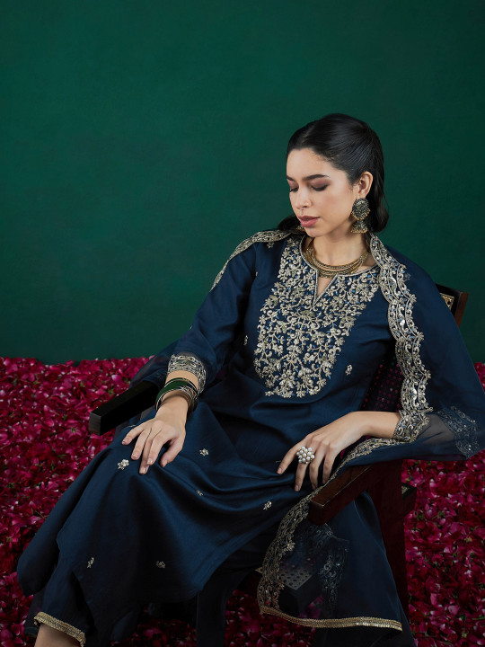 Indo Era Floral Embroidered Regular Thread Work Liva Kurta With Trousers & Dupatta