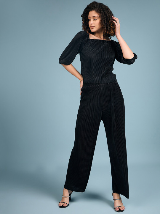DressBerry Wrinkle Textured Black Off Shoulder Top & Palazzo Co-Ords