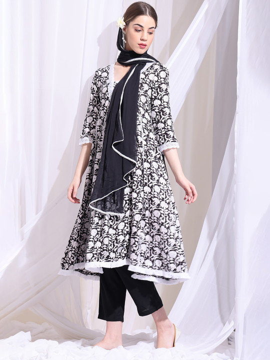 Anouk Floral Printed Empire Kurta with Trousers & With Dupatta