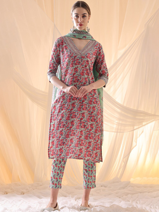 Anouk X fwd Floral Printed Pure Cotton Kurta with Trousers & With Dupatta