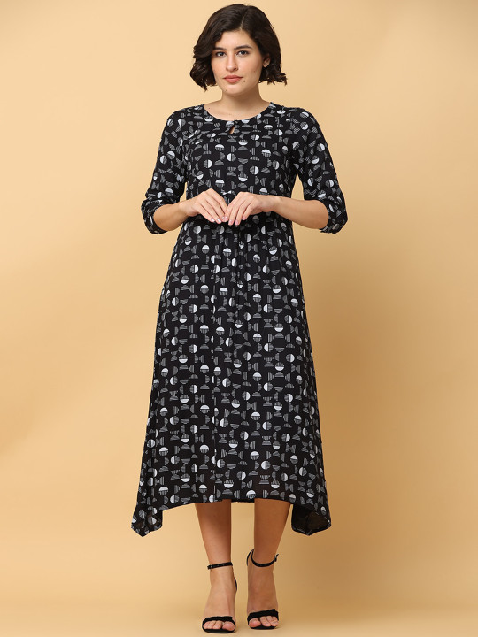 BLACK & BLAH BLAH Relaxed Fit Floral Printed Flared Liva Monochrome Midi Dress