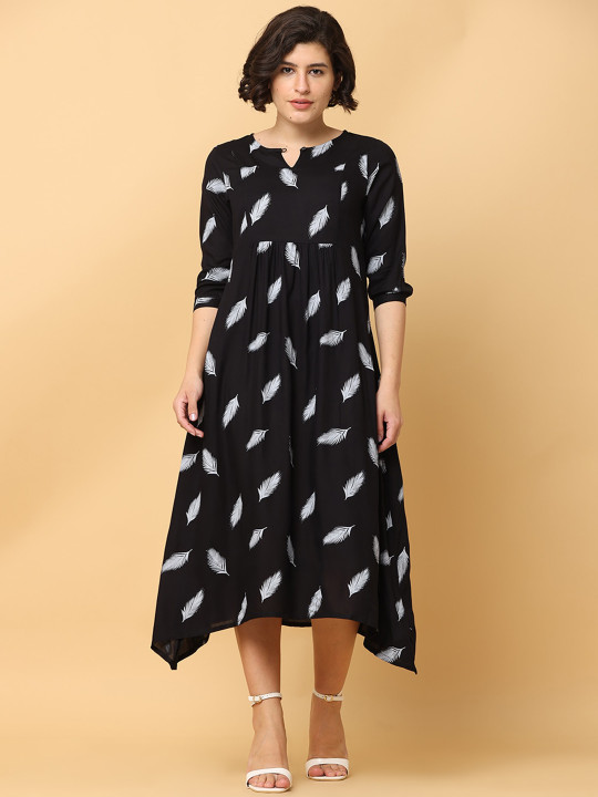 BLACK & BLAH BLAH Relaxed Fit Floral Printed Flared Liva Monochrome Midi Dress