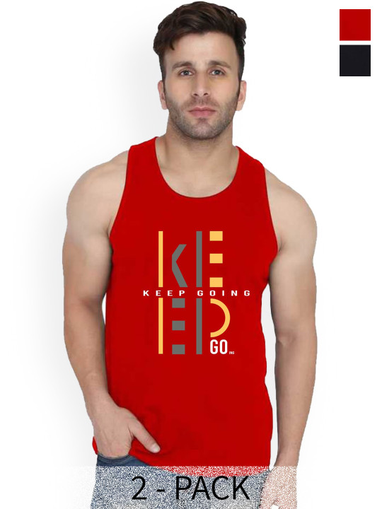 SLOWLORIS Pack Of 2 Printed Bio-Wash Gym Vests SL26 (RED KEEP) (BLACK ADV)