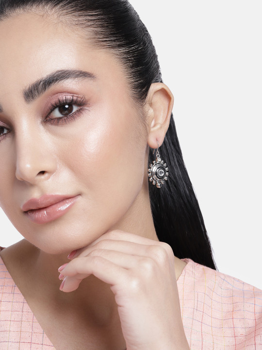 Estele Rhodium-Plated Crystals-Studded Circular Drop Earrings