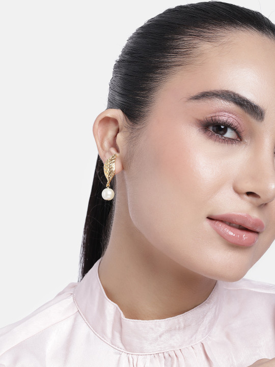 Estele Gold-Plated Leaf Shaped Pearls Drop Earrings