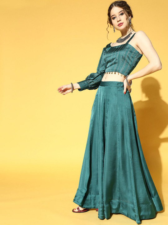 Yufta Ethnic Motifs Printed Square Neck Top With Flared Skirt