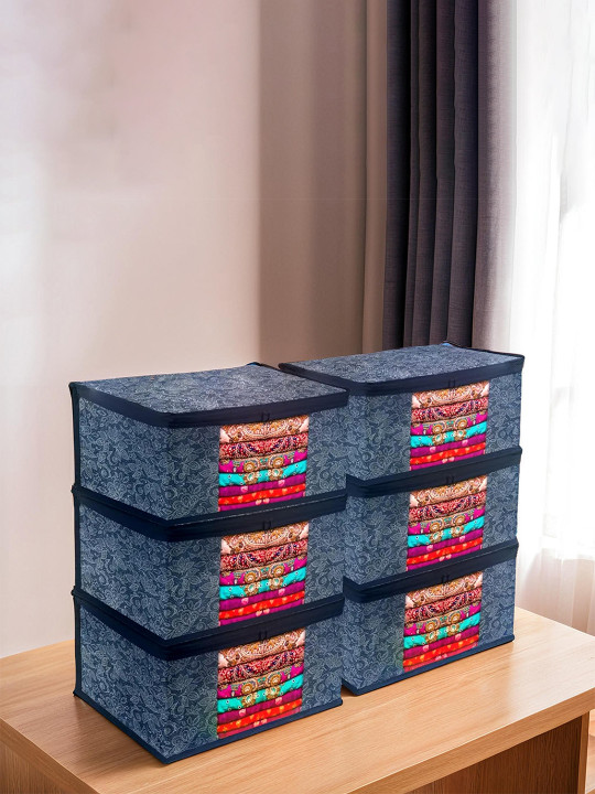 Kuber Industries Navy Blue 6 Pieces Printed Saree Storage with Visible Window Organisers