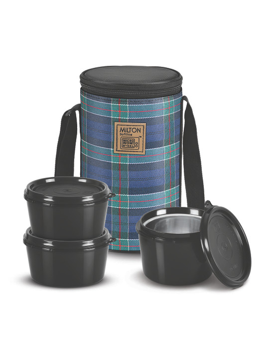 Milton Navy Blue Lofty Tiffin 3 Microwave Safe Inner Steel Containers With Jacket