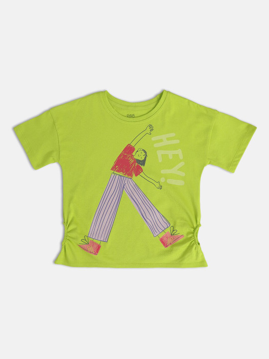 MINI KLUB Girls Printed Round Neck Short Sleeves Cotton Top